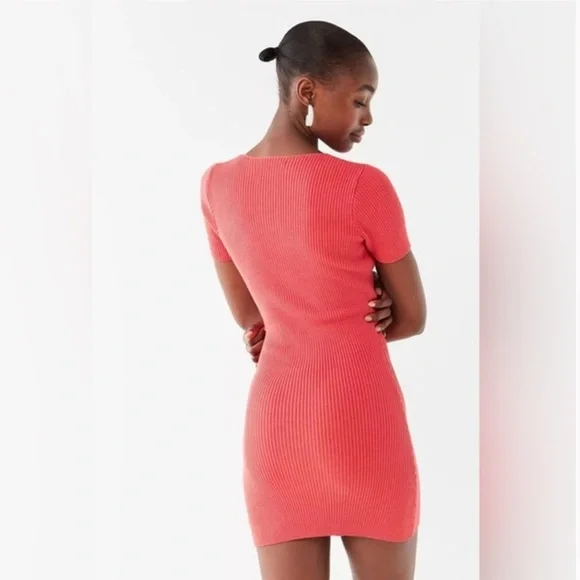 NWT Urban Outfitters Lily Button Down Bodycon Mini Ribbed Dress in Coral Size XS - Picture 2 of 9